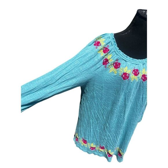Soft Surroundings 1XL Blouse dream trip embroidered Smocked Greenish blue top - Picture 3 of 8